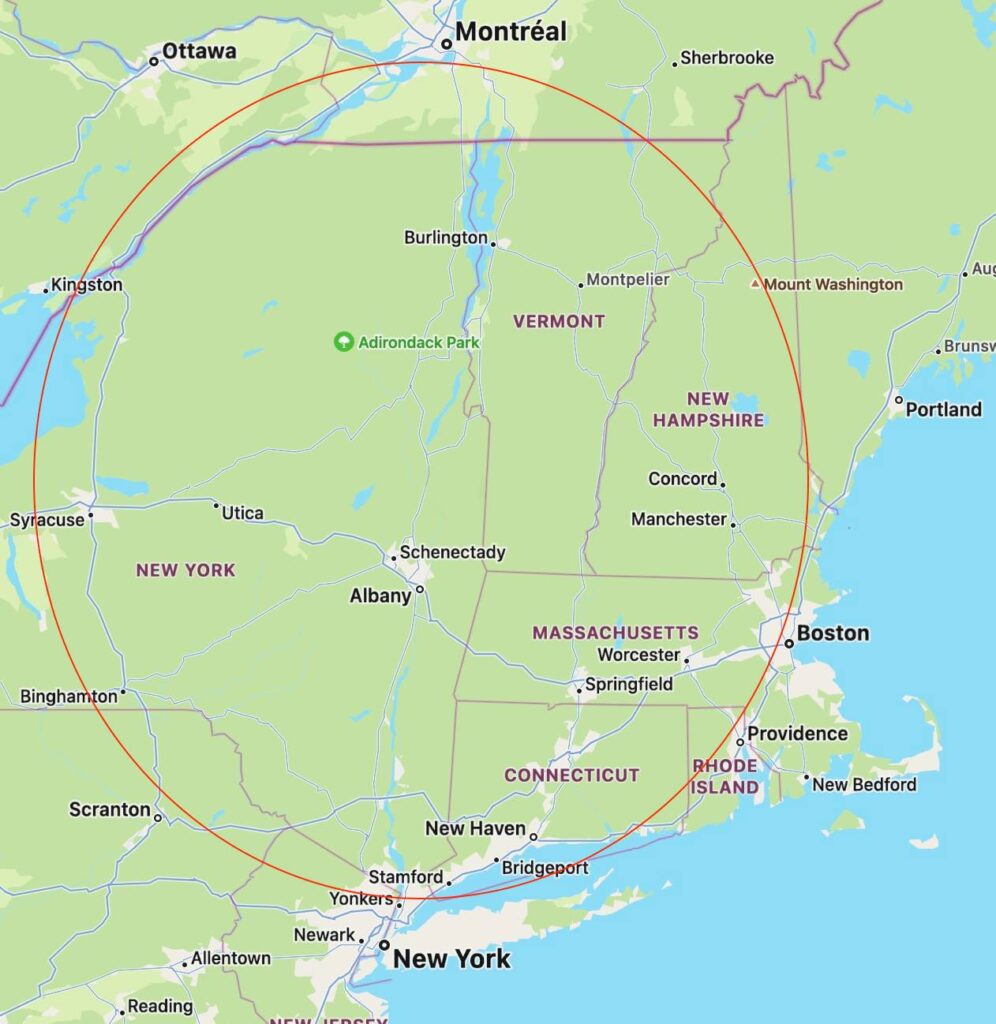 map screenshot montreal new york with red circle