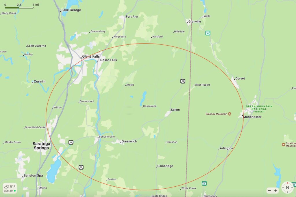 map screenshot saratoga glens falls with red circle